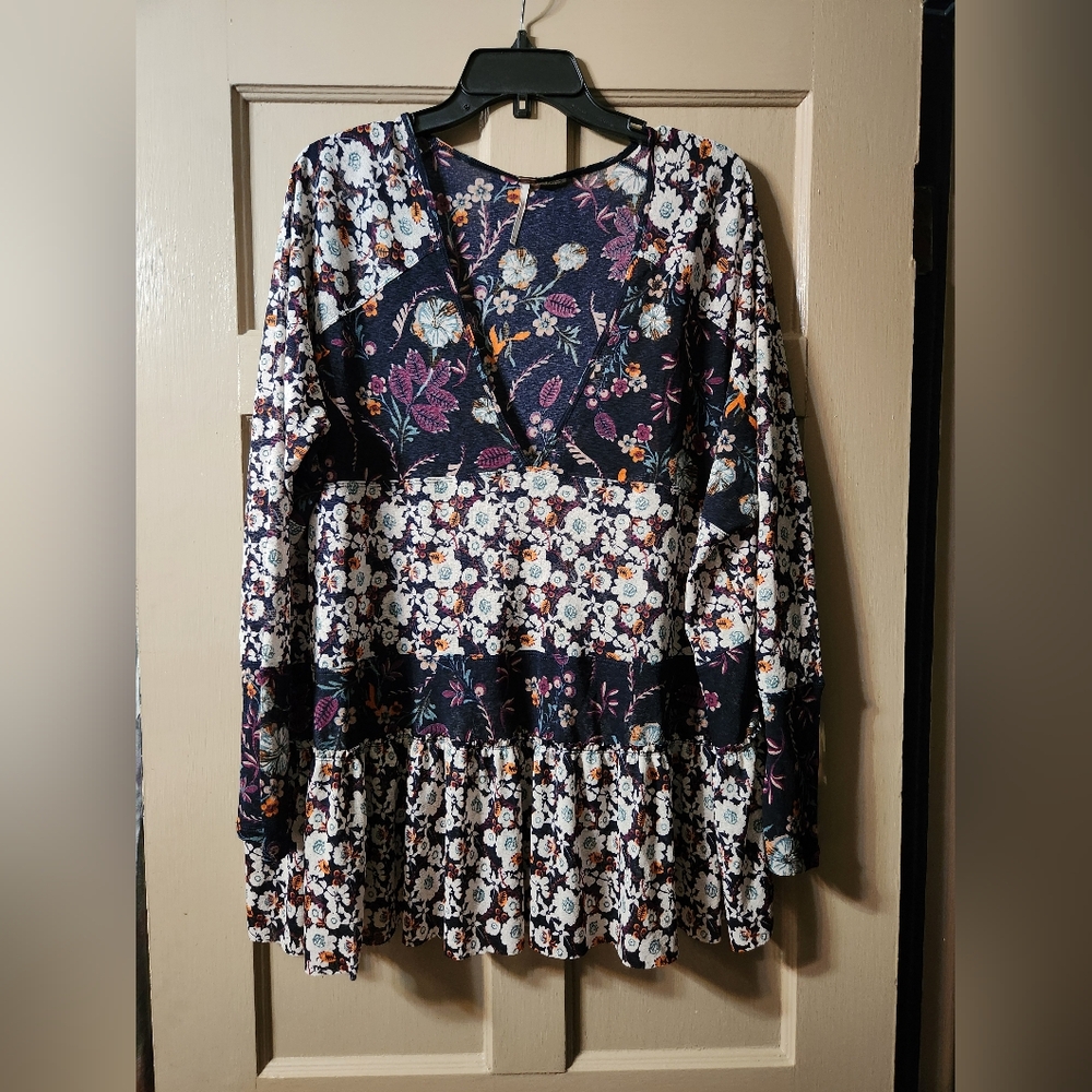 New Free People Isabelle Oversized Blue Floral Tunic Top M